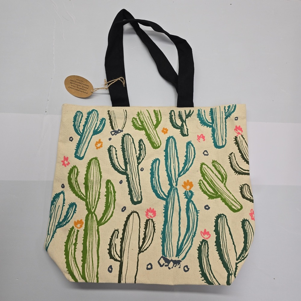 Art Studio Company Cactus Print Canvas Tote Bag Cream Green‎ Pink NEW